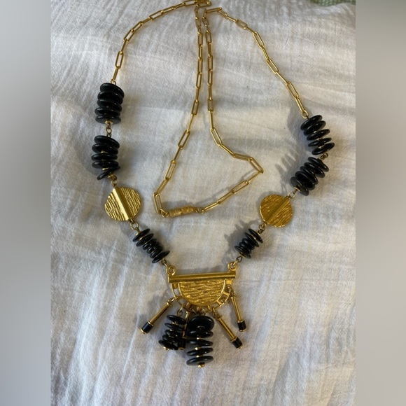 Ethnic Tribal Vintage Gold Tone and Black Beads Necklace‎ Barrel Clasp - Picture 2 of 9